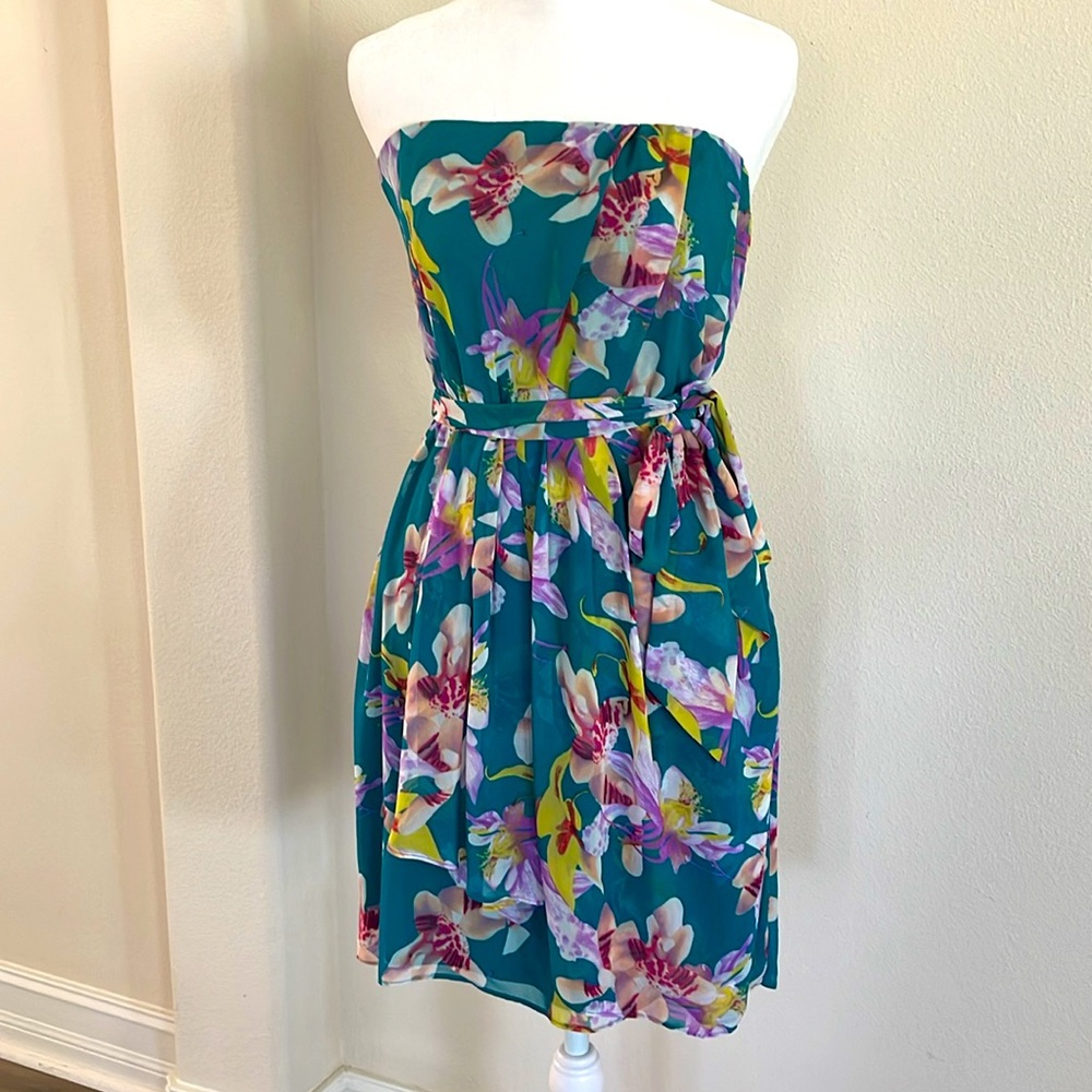 Express Dress Womens 4 Green Floral Strapless Tie Front Mini Summer Dress